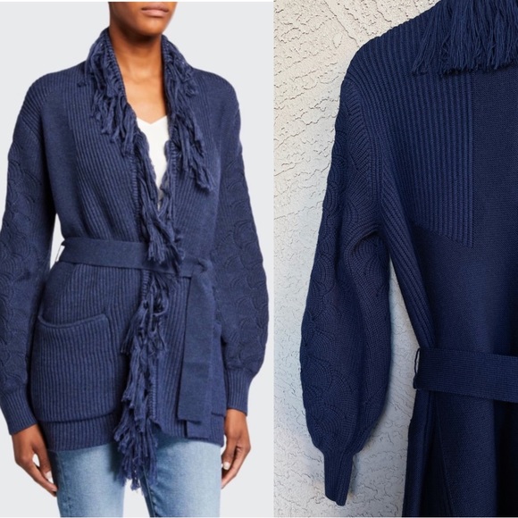 KOBI HALPERIN NWT Luxe Wool Knit Navy Blue Monica Fringe Belted Cardigan Sweater - Picture 11 of 16